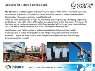Solutions for a large & complex task

The Brief: Pack used factory plant and machinery into approx. 200 x 20 foot (equivalent) containers,
anti-corrosion wrap of around 50 electrical panels and attach bearers to various break-bulk items.
Alex Hawthorn, Conceptum Logistics (Aust) Pty Ltd said;
“whilst we had a defined scope of work, the dismantling was being done by a third party engineering
contractor, so I was a little unsure of the actual final requirements for this diverse job. Throughout the
task there were a number of challenges which Integra worked with us to overcome – thanks in large
part to the willingness of their onsite staff to successfully complete the project”.

Alex Hawthorn said; “we’re involved in global projects but new to the Australian market.
It was important to us that this project went well. Integra were professional and interested
in the task… it gave me a real comfort factor. Integra have a good reputation and I’m happy
to recommend them” he said.
 