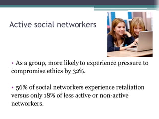 Active social networkers



• As a group, more likely to experience pressure to
compromise ethics by 32%.

• 56% of social networkers experience retaliation
versus only 18% of less active or non‐active
networkers.
 