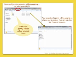 Vous accédez directement à « Mes dossiers »
           dans la Numériclé 91




                                              Pour organiser la partie « Documents »,
                                              cliquez sur le dossier. Vous arrivez alors
                                                       sur l’écran ci-dessous

                   Quatre sous-
                 dossiers existent
                 déjà : Documents,
                Images, Musique et
                       Vidéos




                                                  CDDP 91 - Collège Jean Moulin (La Norville)   9
 