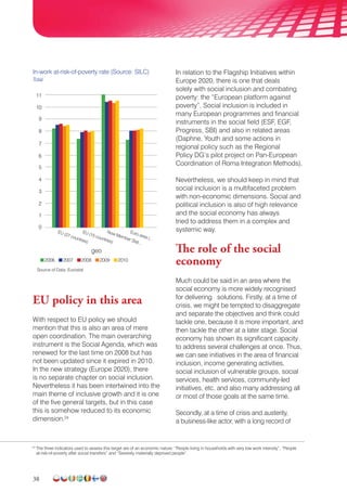 38
24
The three indicators used to assess this target are of an economic nature: “People living in households with very low work intensity”, “People
at-risk-of-poverty after social transfers” and “Severely materially deprived people”.
In-work at-risk-of-poverty rate (Source: SILC)
Total
Source of Data: Eurostat
geo
2006 2007 2008 2009 2010
11
9
7
5
3
8
6
4
2
1
0
10
EU (27 countries)
EU (15 countries)
Now Member Stat...
Euro area (...
EU policy in this area
With respect to EU policy we should
mention that this is also an area of mere
open coordination. The main overarching
instrument is the Social Agenda, which was
renewed for the last time on 2008 but has
not been updated since it expired in 2010.
In the new strategy (Europe 2020), there
is no separate chapter on social inclusion.
Nevertheless it has been intertwined into the
main theme of inclusive growth and it is one
of the five general targets, but in this case
this is somehow reduced to its economic
dimension.24
In relation to the Flagship Initiatives within
Europe 2020, there is one that deals
solely with social inclusion and combating
poverty: the “European platform against
poverty”. Social inclusion is included in
many European programmes and financial
instruments in the social field (ESF, EGF,
Progress, SBI) and also in related areas
(Daphne, Youth and some actions in
regional policy such as the Regional
Policy DG’s pilot project on Pan-European
Coordination of Roma Integration Methods).
Nevertheless, we should keep in mind that
social inclusion is a multifaceted problem
with non-economic dimensions. Social and
political inclusion is also of high relevance
and the social economy has always
tried to address them in a complex and
systemic way.
The role of the social
economy
Much could be said in an area where the
social economy is more widely recognised
for delivering solutions. Firstly, at a time of
crisis, we might be tempted to disaggregate
and separate the objectives and think could
tackle one, because it is more important, and
then tackle the other at a later stage. Social
economy has shown its significant capacity
to address several challenges at once. Thus,
we can see initiatives in the area of financial
inclusion, income generating activities,
social inclusion of vulnerable groups, social
services, health services, community-led
initiatives, etc. and also many addressing all
or most of those goals at the same time.
Secondly, at a time of crisis and austerity,
a business-like actor, with a long record of
 