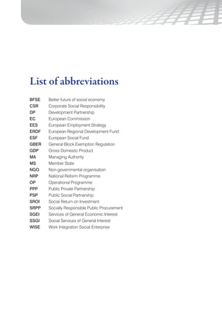 98
List of abbreviations
BFSE	 Better future of social economy
CSR	 Corporate Social Responsibility
DP 	 Development Partnership
EC	 European Commission
EES	 European Employment Strategy
ERDF	 European Regional Development Fund
ESF	 European Social Fund
GBER	 General Block Exemption Regulation
GDP	 Gross Domestic Product
MA	 Managing Authority
MS	 Member State
NGO	 Non-governmental organisation
NRP 	 National Reform Programme
OP	 Operational Programme
PPP	 Public Private Partnership
PSP	 Public Social Partnership
SROI	 Social Return on Investment
SRPP	 Socially Responsible Public Procurement
SGEI	 Services of General Economic Interest
SSGI	 Social Services of General Interest
WISE	 Work Integration Social Enterprise
 