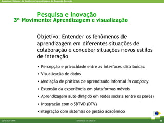Amadeus: Sistema de Gestão da Aprendizagem de Segunda Geração




                              Pesquisa e Inovação
           3º Movimento: Aprendizagem e visualização


                              Objetivo: Entender os fenômenos de
                              aprendizagem em diferentes situações de
                              colaboração e conceber situações novos estilos
                              de interação
                               • Percepção e privacidade entre as interfaces distribuídas
                               • Visualização de dados
                               • Mediação de práticas de aprendizado informal in company
                               • Extensão da experiência em plataformas móveis
                               • Aprendizagem auto-dirigido em redes sociais (entre os pares)
                               • Integração com o SBTVD (DTV)
                               •Integração com sistemas de gestão acadêmico

CCTE-Cin-UFPE                                                   amadeus.cin.ufpe.br             31
 