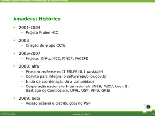 Amadeus: Sistema de Gestão da Aprendizagem de Segunda Geração




           Amadeus: Histórico
               2001-2004
                 – Projeto Protem-CC

               2003
                 – Criação do grupo CCTE

               2005-2007
                 – Projeto: CNPq, MEC, FINEP, FACEPE

               2008: alfa
                 –    Primeiro realease no II ESLPE (0.1 unstable)
                 –    Convite para integrar o softwarepublico.gov.br
                 –    Início da coordenação da a comunidade
                 –    Cooperação nacional e Internacional: UNEB, PUCV, Lyon II,
                      Santiago de Compostela, UFAL, USP, AIFB, GRIS

               2009: beta
                 – Versão estável e distribuições no PSP

CCTE-Cin-UFPE                                                   amadeus.cin.ufpe.br   7
 