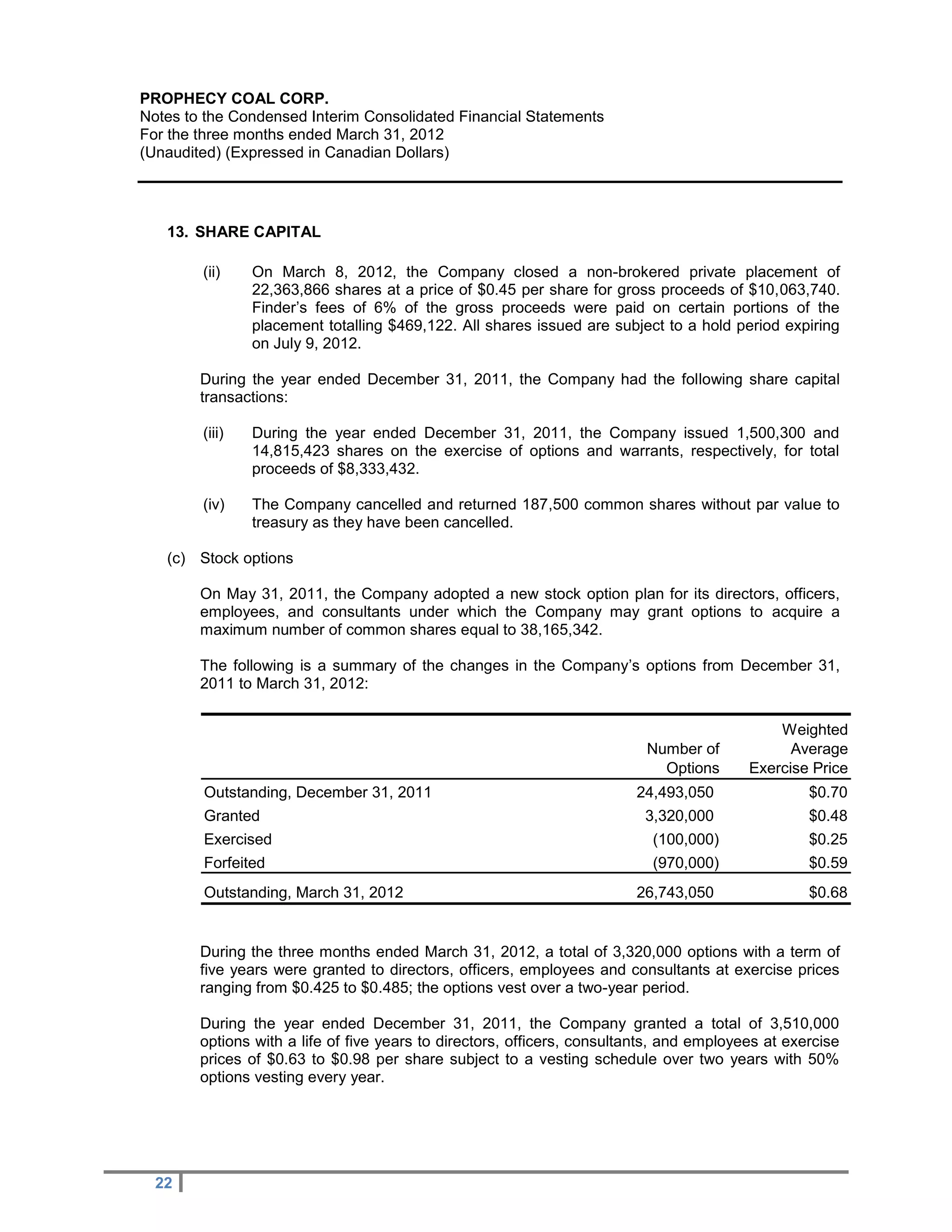 PROPHECY COAL CORP.
Notes to the Condensed Interim Consolidated Financial Statements
For the three months ended March 31, 2012
(Unaudited) (Expressed in Canadian Dollars)




   13. SHARE CAPITAL

        (ii)    On March 8, 2012, the Company closed a non-brokered private placement of
                22,363,866 shares at a price of $0.45 per share for gross proceeds of $10,063,740.
                Finder’s fees of 6% of the gross proceeds were paid on certain portions of the
                placement totalling $469,122. All shares issued are subject to a hold period expiring
                on July 9, 2012.

        During the year ended December 31, 2011, the Company had the following share capital
        transactions:

        (iii)   During the year ended December 31, 2011, the Company issued 1,500,300 and
                14,815,423 shares on the exercise of options and warrants, respectively, for total
                proceeds of $8,333,432.

        (iv)    The Company cancelled and returned 187,500 common shares without par value to
                treasury as they have been cancelled.

   (c) Stock options

        On May 31, 2011, the Company adopted a new stock option plan for its directors, officers,
        employees, and consultants under which the Company may grant options to acquire a
        maximum number of common shares equal to 38,165,342.

        The following is a summary of the changes in the Company’s options from December 31,
        2011 to March 31, 2012:

                                                                                              Weighted
                                                                           Number of            Average
                                                                             Options      Exercise Price
        Outstanding, December 31, 2011                                   24,493,050                $0.70
        Granted                                                           3,320,000                $0.48
        Exercised                                                          (100,000)               $0.25
        Forfeited                                                          (970,000)               $0.59
        Outstanding, March 31, 2012                                      26,743,050                $0.68


        During the three months ended March 31, 2012, a total of 3,320,000 options with a term of
        five years were granted to directors, officers, employees and consultants at exercise prices
        ranging from $0.425 to $0.485; the options vest over a two-year period.

        During the year ended December 31, 2011, the Company granted a total of 3,510,000
        options with a life of five years to directors, officers, consultants, and employees at exercise
        prices of $0.63 to $0.98 per share subject to a vesting schedule over two years with 50%
        options vesting every year.




  22
 