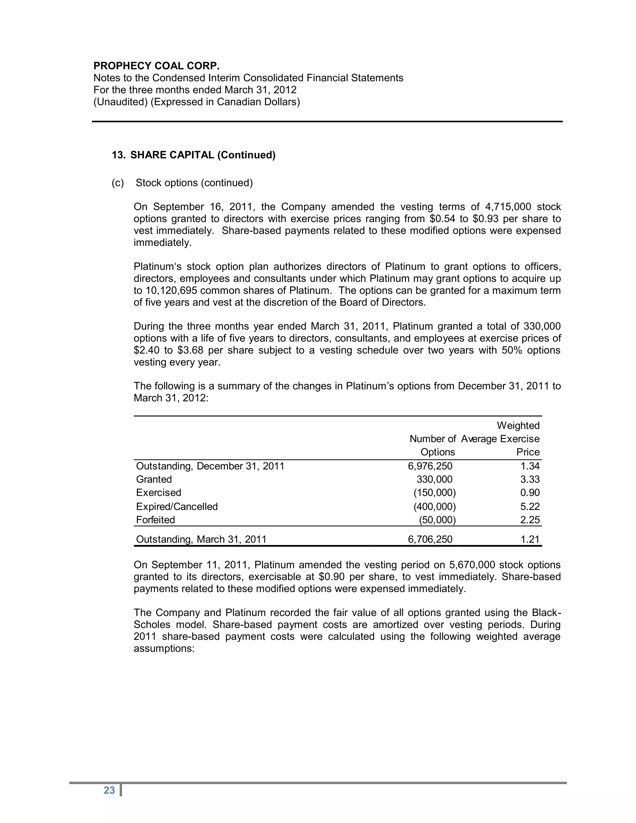 PROPHECY COAL CORP.
Notes to the Condensed Interim Consolidated Financial Statements
For the three months ended March 31, 2012
(Unaudited) (Expressed in Canadian Dollars)




   13. SHARE CAPITAL (Continued)

   (c)   Stock options (continued)

         On September 16, 2011, the Company amended the vesting terms of 4,715,000 stock
         options granted to directors with exercise prices ranging from $0.54 to $0.93 per share to
         vest immediately. Share-based payments related to these modified options were expensed
         immediately.

         Platinum‘s stock option plan authorizes directors of Platinum to grant options to officers,
         directors, employees and consultants under which Platinum may grant options to acquire up
         to 10,120,695 common shares of Platinum. The options can be granted for a maximum term
         of five years and vest at the discretion of the Board of Directors.

         During the three months year ended March 31, 2011, Platinum granted a total of 330,000
         options with a life of five years to directors, consultants, and employees at exercise prices of
         $2.40 to $3.68 per share subject to a vesting schedule over two years with 50% options
         vesting every year.

         The following is a summary of the changes in Platinum’s options from December 31, 2011 to
         March 31, 2012:

                                                                                       Weighted
                                                                      Number of Average Exercise
                                                                         Options           Price
         Outstanding, December 31, 2011                               6,976,250             1.34
         Granted                                                        330,000             3.33
         Exercised                                                     (150,000)            0.90
         Expired/Cancelled                                             (400,000)            5.22
         Forfeited                                                      (50,000)            2.25
         Outstanding, March 31, 2011                                  6,706,250                1.21

         On September 11, 2011, Platinum amended the vesting period on 5,670,000 stock options
         granted to its directors, exercisable at $0.90 per share, to vest immediately. Share-based
         payments related to these modified options were expensed immediately.

         The Company and Platinum recorded the fair value of all options granted using the Black-
         Scholes model. Share-based payment costs are amortized over vesting periods. During
         2011 share-based payment costs were calculated using the following weighted average
         assumptions:




  23
 