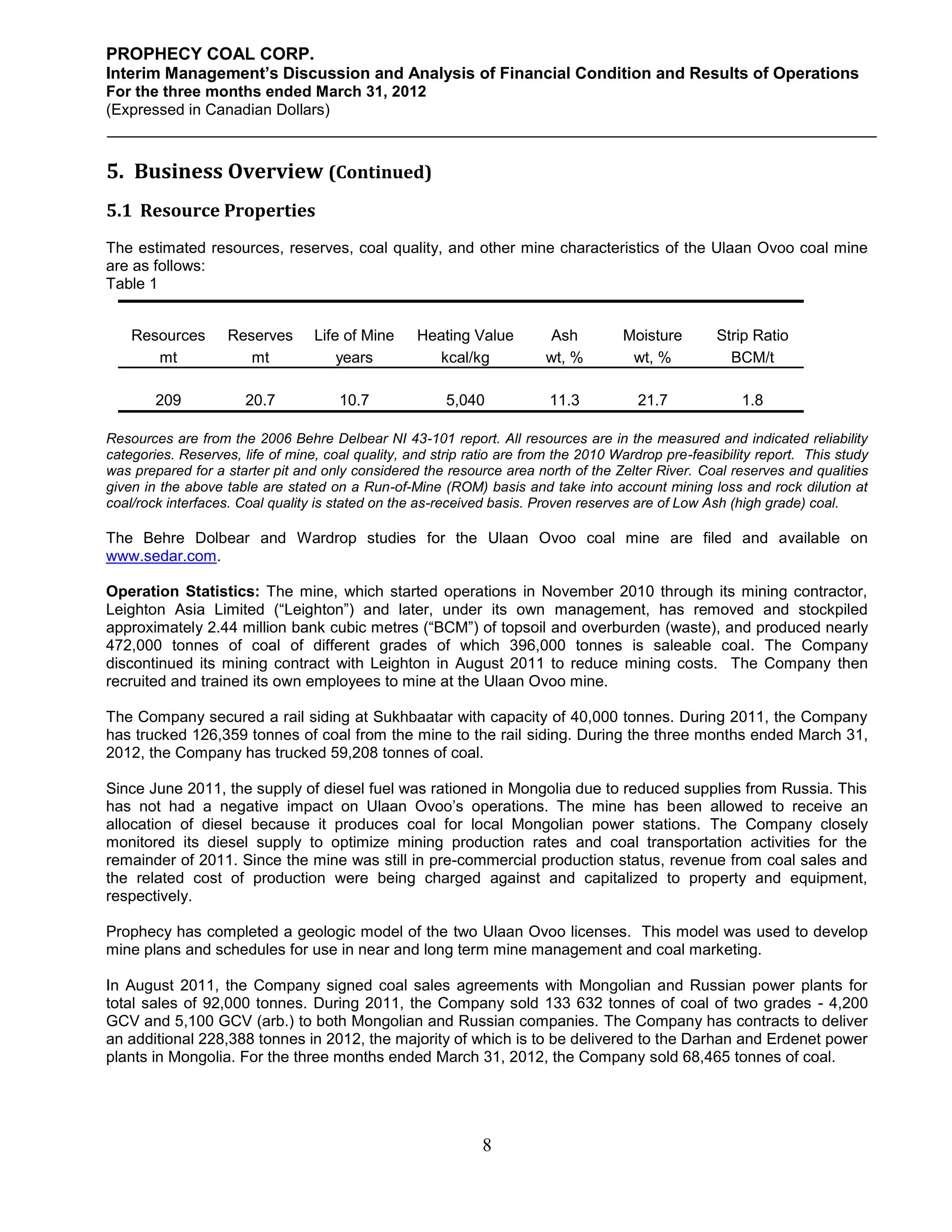 PROPHECY COAL CORP.
Interim Management’s Discussion and Analysis of Financial Condition and Results of Operations
For the three months ended March 31, 2012
(Expressed in Canadian Dollars)



5. Business Overview (Continued)
5.1 Resource Properties
The estimated resources, reserves, coal quality, and other mine characteristics of the Ulaan Ovoo coal mine
are as follows:
Table 1


    Resources       Reserves      Life of Mine     Heating Value        Ash          Moisture       Strip Ratio
       mt              mt             years          kcal/kg            wt, %         wt, %           BCM/t

        209            20.7           10.7              5,040            11.3          21.7              1.8

Resources are from the 2006 Behre Delbear NI 43-101 report. All resources are in the measured and indicated reliability
categories. Reserves, life of mine, coal quality, and strip ratio are from the 2010 Wardrop pre-feasibility report. This study
was prepared for a starter pit and only considered the resource area north of the Zelter River. Coal reserves and qualities
given in the above table are stated on a Run-of-Mine (ROM) basis and take into account mining loss and rock dilution at
coal/rock interfaces. Coal quality is stated on the as-received basis. Proven reserves are of Low Ash (high grade) coal.

The Behre Dolbear and Wardrop studies for the Ulaan Ovoo coal mine are filed and available on
www.sedar.com.

Operation Statistics: The mine, which started operations in November 2010 through its mining contractor,
Leighton Asia Limited (“Leighton”) and later, under its own management, has removed and stockpiled
approximately 2.44 million bank cubic metres (“BCM”) of topsoil and overburden (waste), and produced nearly
472,000 tonnes of coal of different grades of which 396,000 tonnes is saleable coal. The Company
discontinued its mining contract with Leighton in August 2011 to reduce mining costs. The Company then
recruited and trained its own employees to mine at the Ulaan Ovoo mine.

The Company secured a rail siding at Sukhbaatar with capacity of 40,000 tonnes. During 2011, the Company
has trucked 126,359 tonnes of coal from the mine to the rail siding. During the three months ended March 31,
2012, the Company has trucked 59,208 tonnes of coal.

Since June 2011, the supply of diesel fuel was rationed in Mongolia due to reduced supplies from Russia. This
has not had a negative impact on Ulaan Ovoo’s operations. The mine has been allowed to receive an
allocation of diesel because it produces coal for local Mongolian power stations. The Company closely
monitored its diesel supply to optimize mining production rates and coal transportation activities for the
remainder of 2011. Since the mine was still in pre-commercial production status, revenue from coal sales and
the related cost of production were being charged against and capitalized to property and equipment,
respectively.

Prophecy has completed a geologic model of the two Ulaan Ovoo licenses. This model was used to develop
mine plans and schedules for use in near and long term mine management and coal marketing.

In August 2011, the Company signed coal sales agreements with Mongolian and Russian power plants for
total sales of 92,000 tonnes. During 2011, the Company sold 133 632 tonnes of coal of two grades - 4,200
GCV and 5,100 GCV (arb.) to both Mongolian and Russian companies. The Company has contracts to deliver
an additional 228,388 tonnes in 2012, the majority of which is to be delivered to the Darhan and Erdenet power
plants in Mongolia. For the three months ended March 31, 2012, the Company sold 68,465 tonnes of coal.




                                                              8
 