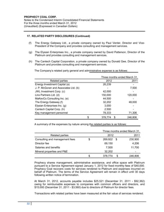 PROPHECY COAL CORP.
Notes to the Condensed Interim Consolidated Financial Statements
For the three months ended March 31, 2012
(Unaudited) (Expressed in Canadian Dollars)


  17. RELATED PARTY DISCLOSURES (Continued)

   (f)   The Energy Gateway Ltd., a private company owned by Paul Venter, Director and Vice-
         President of the Company and provides consulting and management services.

   (g)   The Elysian Enterprises Inc., a private company owned by David Patterson, Director of the
         Platinum and provides consulting and management services.

   (h)   The Cantech Capital Corporation, a private company owned by Donald Gee, Director of the
         Platinum and provides consulting and management services.

         The Company’s related party general and administrative expense is as follows:

                                                                 Three months ended March 31,
                      Related parties                                2012               2011
         Energy Investment Capital (a)                            26,239                 -
         J. P. McGoran and Associates Ltd. (b)                        -                7,500
         JWL Investment Corp. (c)                                 42,000                 -
         Linx Partners Ltd. (d)                                  150,000             120,000
         MaKevCo Consulting Inc. (e)                              44,500                 -
         The Energy Gateway (f)                                   32,202              48,000
         Elysian Enterprises Inc. (g)                              3,000                 -
         Cantech Capital Corp. (h)                                 2,500                 -
         Key management personnel                                 78,333              71,306
                                                     $           378,774     $          246,806

         A summary of the expenses by nature among the related parties is as follows:

                                                                  Three months ended March 31,
                        Related parties                               2012                  2011
         Consulting and management fees               $           269,922        $       230,900
         Director fee                                              69,150                  4,206
         Salaries and benefits                                       7,500                11,700
         Mineral properties and P&E                                32,202                    -
                                                      $           378,774        $       246,806

         Prophecy shares management, administrative assistance, and office space with Platinum
         pursuant to a Service Agreement signed January 1, 2012 for fixed monthly fees of $40,000.
         Prophecy Coal recovers costs for services rendered to Platinum and expenses incurred on
         behalf of Platinum. The terms of the Service Agreement will remain in effect until 30 days
         following written notice of termination.

         At March 31, 2012, accounts payable includes $25,521 (December 31, 2011 - $92,362)
         owing for reimbursable expenses to companies with common officers and directors, and
         $15,000 (December 31, 2011 - $3,560) due to directors of Platinum for director fees.

         Transactions with related parties have been measured at the fair value of services rendered.


  32
 