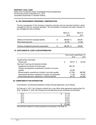 PROPHECY COAL CORP.
 Notes to the Condensed Interim Consolidated Financial Statements
 For the three months ended March 31, 2012
 (Unaudited) (Expressed in Canadian Dollars)


   18. KEY MANAGEMENT PERSONNEL COMPENSATION

    The key management of the Company comprises executive and non-executive directors, senior
    management and the corporate secretary. The remuneration of directors and other members of
    key management were as follows:

                                                                       March 31,              March 31
                                                                           2012                  2011

     Salaries and short-term employee benefits              $           296,828 $             259,061
     Share-based payments                                                85,759                61,000

     Total key management personnel compensation            $           382,587 $             320,061

 19. SUPPLEMENTAL CASH FLOW INFORMATION

                                                                        Three months ended March 31,
                                                                                 2012          2011
     Supplementary information
      Interest paid                                                    $           56,511 $       83,334
     Non-Cash Financing and Investing Activities
      Capitalized amortization for fixed assets                                893,197                  -
      Property and equipment expenditures included in accounts
      payable                                                                   45,364               -
      Mineral property expenditures included in accounts payable               271,504           488,690
      Share-based payments capitalized in property and equipment                11,434            60,322
      Share-based payments capitalized in mineral properties                    85,772           333,664

20. COMMITMENTS FOR EXPENDITURE

    Commitments, not disclosed elsewhere in these financial statements, are as follows.

    On February 4, 2011, the Company entered into a new office rental agreement expiring April 30,
    2016. At March 31, 2012, the Company has the following annual contracted commitments:

          2012                                                     $    61,172
          2013                                                          61,172
          2014                                                          63,641
          2015                                                          63,641
          2016                                                          21,214
                                                                   $   270,840
    Commitments related to mineral properties are disclosed in the Note 10.




   33
 
