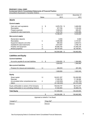 PROPHECY COAL CORP.
Condensed Interim Consolidated Statements of Financial Position
(Unaudited) (Expressed in Canadian Dollars)
                                                                            March 31     December 31
                                                   Notes                        2012            2011
Assets

Current assets
  Cash and cash equivalents                         5      $               6,876,703 $     3,480,050
  Receivables                                       6                        977,785       1,105,429
  Prepaid expenses                                  7                      1,098,225         609,357
  Available-for-sale-investments                    8                      4,445,744       3,839,988
                                                                          13,398,457       9,034,824
Non-current assets
  Reclamation deposits                                                         6,500           6,500
  Receivables                                       6                      2,265,088       2,137,031
  Equipment deposits and other                                               699,342       2,053,613
  Available-for-sale-investments                    8                      3,813,097       3,796,175
  Property and equipment                            9                     55,994,162      51,645,276
  Mineral properties                                10                    66,757,634      62,169,481

                                                           $             142,934,280 $   130,842,900

Liabilities and Equity
Current liabilities
  Accounts payable & accrued liabilities            11     $               1,634,832 $     1,364,890
                                                                           1,634,832       1,364,890
Non-current liabilities
  Provision for closure and reclamation             12                      293,818         257,355

                                                                           1,928,650       1,622,245

Equity
  Share capital                                     13                   144,931,327     134,492,080
  Reserves                                                                17,355,704      17,138,468
  Accumulated other comprehensive loss              8                     (1,444,265)     (1,842,782)
  Deficit                                                                (51,390,029)    (53,375,529)
Equity attributable to owners of the Company        3                    109,452,737      96,412,237
Equity attributable to non-controlling interests    3                     31,552,893      32,808,418

Total Equity                                                             141,005,630     129,220,655

                                                           $             142,934,280 $   130,842,900

                                        Approved on behalf of the Board:

"Joseph Li"                                                "Greg Hall"
Director                                                   Director




                                                                                                        4
   See Accompanying Notes to Condensed Interim Consolidated Financial Statements.
 