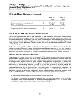 PROPHECY COAL CORP.
Interim Management’s Discussion and Analysis of Financial Condition and Results of Operations
For the three months ended March 31, 2012
(Expressed in Canadian Dollars)



10. Related Party Disclosures (Continued)
                                                                      March 31,           March 31
                                                                          2012               2011

    Salaries and short-term employee benefits                $         296,828 $          259,061
    Share-based payments                                                85,759             61,000

    Total key management personnel compensation              $         382,587 $          320,061



11. Critical Accounting Estimates and Judgments
Critical accounting estimates used in the preparation of the condensed consolidated interim financial
statements include determining the carrying value of exploration and evaluation projects and property and
equipment, assessing the impairment of long-lived assets, determination of environmental obligation provision
for closure and reclamation, determining deferred income taxes, and the valuation of share-based payments.
These estimates involve considerable judgment and are, or could be, affected by significant factors that are
out of the Company's control.

Readers are encouraged to read the significant accounting policies and estimates as described in the
Company’s audited consolidated financial statements for the year ended December 31, 2011. The Company's
condensed consolidated interim financial statements have been prepared using the going concern assumption;
reference should be made to note 1 to the Company's condensed consolidated interim financial statements.

Significant accounting judgments and estimates

The preparation of financial statements in conformity with IFRS requires management to make estimates and
assumptions that affect the reported amounts of assets and liabilities and disclosure of contingent assets and
liabilities at the date of the financial statements, and the reported amounts of revenues and expenses during
the reporting period. Areas requiring the use of estimates include the rates of amortization for property and
equipment, the useful life and recoverability of long-lived assets, the recoverability of accounts receivable,
determination of environmental obligation provision for closure and reclamation, accounts payable and
accrued liabilities, the assumptions used in the determination of the fair value of financial instruments and
share-based payments, and the determination of the recoverability of for deferred income tax assets. The
Company bases its estimates and assumptions on current and various other factors that it believes to be
reasonable under the circumstances. Management believes the estimates are reasonable; however, actual
results could differ from those estimates and could impact future results of operations and cash flows.

    a) Same accounting policies as annual consolidated financial statements

    The Company followed the same accounting policies and methods of computation in the condensed
    consolidated interim financial statements for the three months ended March 31, 2012 as followed in the
    consolidated financial statements for the year ended December 31, 2011.




                                                     28
 
