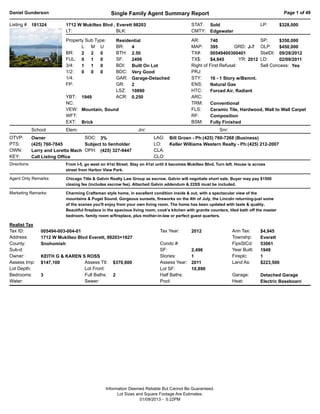 Daniel Gunderson                                    Single Family Agent Summary Report                                                           Page 1 of 49

Listing # 181324             1712 W Mukilteo Blvd , Everett 98203                              STAT: Sold                           LP:         $328,000
                             LT:                    BLK:                                       CMTY: Edgewater

                             Property Sub Type:           Residential                          AR:      740                     SP:     $350,000
                                    L M U                 BR:   4                              MAP:     395         GRD: J-7 OLP:       $450,000
                             BR:    2   2   0             BTH: 2.50                            TX#:     00549400300401          StatDt: 09/28/2012
                             FUL: 0 1 0                   SF:   2496                           TX$:     $4,945         YR: 2012 LD:     02/09/2011
                             3/4:   1   1   0             BDI: Built On Lot                    Right of First Refusal:          Sell Concess: Yes
                             1/2:   0   0   0             BDC: Very Good                       PRJ:
                             1/4:                         GAR: Garage-Detached                 STY:     16 - 1 Story w/Bsmnt.
                             FP:                          GR:   2                              ENS:     Natural Gas
                                                          LSZ: 10890                           HTC:     Forced Air, Radiant
                             YBT: 1949                    ACR: 0.250                           ARC:
                             NC:                                                               TRM:     Conventional
                             VEW: Mountain, Sound                                              FLS:     Ceramic Tile, Hardwood, Wall to Wall Carpet
                             WFT:                                                              RF:      Composition
                             EXT: Brick                                                        BSM:     Fully Finished
              School         Elem:                                 Jnr:                                       Snr:
OTVP:         Owner                  SOC: 3%                               LAG:     Bill Groen - Ph:(425) 760-7268 (Business)
PTS:          (425) 760-7845         Subject to lienholder                 LO:      Keller Williams Western Realty - Ph:(425) 212-2007
OWN:          Larry and Loretta Mach OPH: (425) 327-9447                   CLA:
KEY:          Call Listing Office                                          CLO:
Directions:                  From I-5, go west on 41st Street. Stay on 41st until it becomes Mukilteo Blvd. Turn left. House is across
                             street from Harbor View Park.

Agent Only Remarks:          Chicago Title & Galvin Realty Law Group as escrow. Galvin will negotiate short sale. Buyer may pay $1500
                             closing fee (includes escrow fee). Attached Galvin addendum & 22SS must be included.

Marketing Remarks:           Charming Craftsman style home, in excellent condition inside & out, with a spectacular view of the
                             mountains & Puget Sound. Gorgeous sunsets, fireworks on the 4th of July, the Lincoln returning-just some
                             of the scenes you'll enjoy from your own living room. The home has been updated with taste & quality.
                             Beautiful fireplace in the spacious living room, cook's kitchen with granite counters, tiled bath off the master
                             bedroom, family room w/fireplace, plus mother-in-law or perfect guest quarters.

Realist Tax
Tax ID:           005494-003-004-01                                            Tax Year:       2012                  Ann Tax:       $4,945
Address:          1712 W Mukilteo Blvd Everett, 98203+1627                                                           Townshp:       Everett
County:           Snohomish                                                    Condo #:                              FipsStCd:      53061
Sub-d:                                                                         SF:             2,496                 Year Built:    1949
Owner:            KEITH G & KAREN S ROSS                                       Stories:        1                     Fireplc:       1
Assess Imp:       $147,100         Assess Ttl:        $370,600                 Assess Year:    2011                  Land As:       $223,500
Lot Depth:                         Lot Front:                                  Lot SF:         10,890
Bedrooms:         3                Full Baths:        2                        Half Baths:                           Garage:        Detached Garage
Water:                             Sewer:                                      Pool:                                 Heat:          Electric Baseboard




                                                  Information Deemed Reliable But Cannot Be Guaranteed.
                                                        Lot Sizes and Square Footage Are Estimates.
                                                                    01/09/2013 - 5:22PM
 