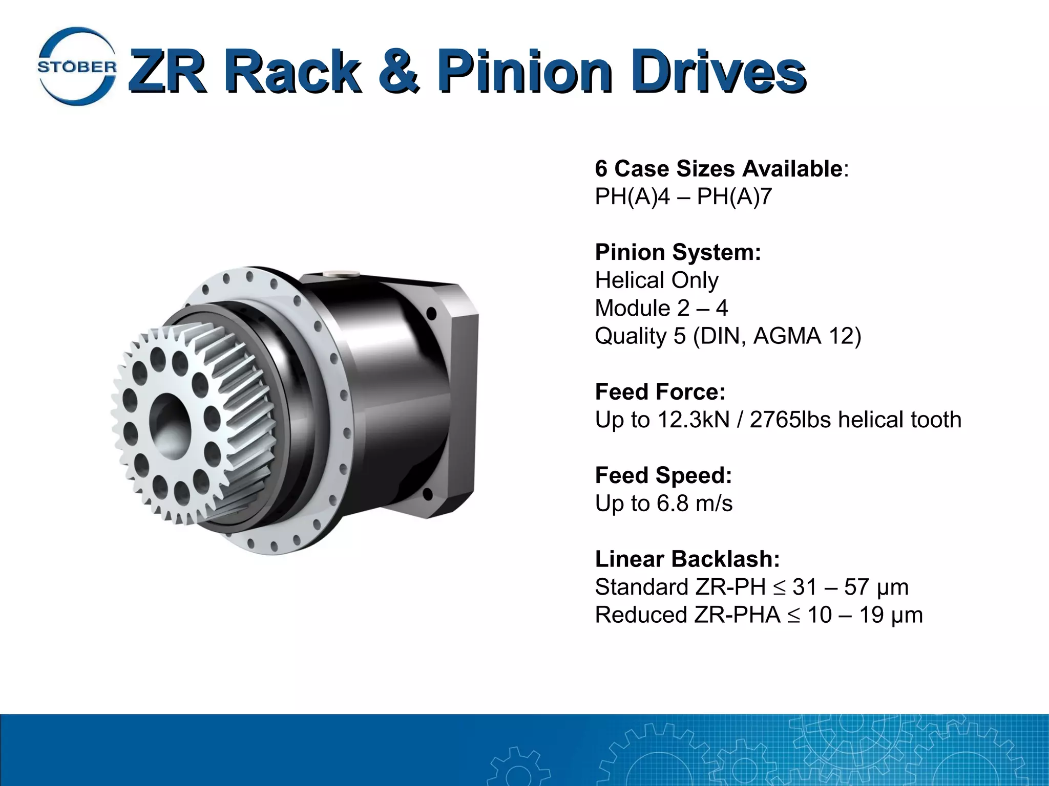 ZR Rack & Pinion Drives
               6 Case Sizes Available:
               PH(A)4 – PH(A)7

               Pinion System:
               Helical Only
               Module 2 – 4
               Quality 5 (DIN, AGMA 12)

               Feed Force:
               Up to 12.3kN / 2765lbs helical tooth

               Feed Speed:
               Up to 6.8 m/s

               Linear Backlash:
               Standard ZR-PH ≤ 31 – 57 µm
               Reduced ZR-PHA ≤ 10 – 19 µm
 