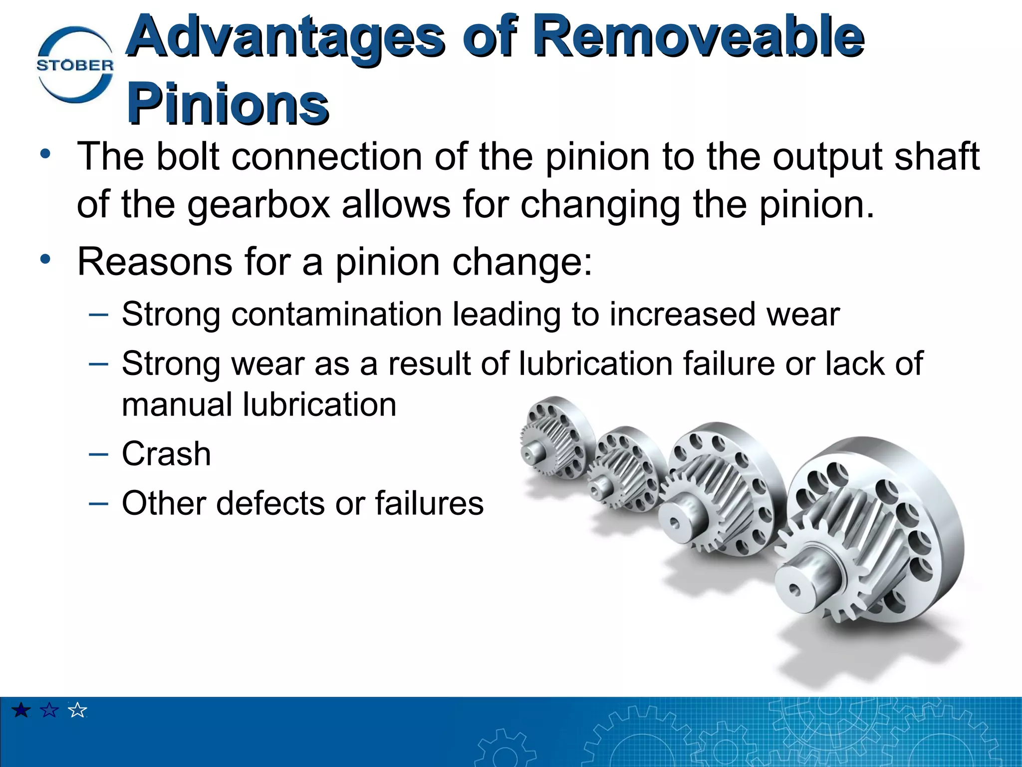 Advantages of Removeable
     Pinions
• The bolt connection of the pinion to the output shaft
  of the gearbox allows for changing the pinion.
• Reasons for a pinion change:
  – Strong contamination leading to increased wear
  – Strong wear as a result of lubrication failure or lack of
    manual lubrication
  – Crash
  – Other defects or failures
 