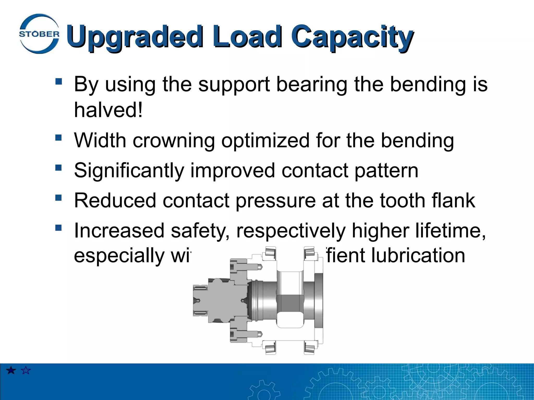 Upgraded Load Capacity
 By using the support bearing the bending is
  halved!
 Width crowning optimized for the bending
 Significantly improved contact pattern
 Reduced contact pressure at the tooth flank
 Increased safety, respectively higher lifetime,
  especially with dirty or insuffient lubrication
 