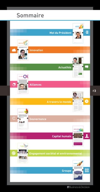 #3
Sommaire
Alliances
rapport d’activité 2012
#34
z
AlliAnCes
z
allianCes
Spécialiste de la BI, du CRM et du e-Business, Business &
Decision propose ses services de consulting et d’intégration
de systèmes à près de 1 500 clients à travers le monde. Pour
mener à bien les projets qui lui sont confiés, le Groupe met
à profit sa maîtrise et sa connaissance des plateformes
et technologies les plus innovantes et les plus reconnues
du marché. Cette approche est fondée sur une stratégie
de partenariat et d’alliances, d’une part avec des grands
éditeurs généralistes, et d’autre part, avec des éditeurs
spécialistes. Ces partenariats permettent d’accompagner
les clients dans l’appropriation des dernières innovations
au service de la performance de leurs entreprises.
Jocelyn manceau
Directeur
Business & decision a renforcé ses partenariats en développant en 2012
des alliances avec des grands partenaires stratégiques et avec des éditeurs
spécialistes, appelés « de niches », pour compléter ses offres technologiques
sur des plateformes reconnues du marché. Cette approche de partenariat repose
non seulement sur des alliances commerciales, mais également sur l’acquisition
de compétences et de savoir-faire sur les technologies concernées, couvrant les
prestations de services, depuis le conseil jusqu’à la formation des utilisateurs.
z
A travers le monde
RAPPORT D’ACTIVITÉ 2012
#36
)
ATRAVERSLEMONDE
En Belgique, Business & Decision est
un des leaders sur les marchés de
la Business Intelligence, du CRM et
du Risk Management qui constituent
ses domaines d’activité historiques,
tout spécialement dans les secteurs
de la banque et de l’assurance,
des télécommunications et de la
distribution.
L’année 2012 a été marquée par le
lancement d’un vaste projet confié
aux équipes par le Ministère belge
de la Justice. Il s’agit de la mise en
œuvre de Mi-Case, progiciel web
développé par la filiale britannique du
Groupe. L’objectif de ce grand projet
est de gérer les dossiers individuels
des prisonniers de l’ensemble des
établissements pénitentiaires du
pays.
Dans le domaine de Risk
Management Business & Decision a
valorisé ses expertises auprès de la
compagnie d’assurance AXA pour la
mise en œuvre de la plateforme SAS
et dans la perspective de répondre
aux exigences de Bâle III. Pour Ergo
Life, assureur de premier plan en
Belgique ainsi que pour KBC, groupe
de bancassurance spécialisé dans les
services aux entreprises, Business &
Decision a mené à bien des projets en
lien avec la réglementation relative à
Solvency II.
EnBusinessIntelligence,unenouvelle
offre de Business Intelligence
Agile a été conçue et déployée à
destination des entreprises de taille
intermédiaire. Une équipe dédiée a
été constituée, spécialisée dans les
technologies QlikView, pour piloter
les projets des premiers clients.
Business & Decision a poursuivi
le développement de ses activités
de conseil et d’intégration de
systèmes. Pour UCB, Groupe
biopharmaceutique, une solution
de reporting et de budget a été
développée et mise en place.
En CRM, de nouveaux projets ont
été menés à bien pour Clarins,
spécialiste des cosmétiques, pour
AG Assurance, premier assureur
belge, et pour De Lijn, entreprise
de transport en commun urbain et
régional en Flandre.
L’offre CRM a ainsi évolué pour
intégrer les dernières tendances du
marché, notamment en multi-canal
et en vision à 360°. Le Customer
Capital Management combine
désormais les compétences dans
les domaines CRM, Business
Intelligence, e-Business et EIM, pour
fournir à chaque client une solution
complète. Il peut ainsi organiser,
analyser et exploiter son référentiel
clients opérationnel en temps réel,
améliorer la gestion de la qualité
des données, et enfin, utiliser
toute l’information disponible pour
proposer à ses clients la meilleure
offre via le meilleur canal et au
meilleur moment.
Belgique
ADA SEKIRIN - MANAGING DIRECTOR
)
Mot du Président
RAPPORT D’ACTIVITÉ 2012
#2
n
LEMOTDUPRÉSIDENT
PAPAPAPPAAAAAAAPAPPAPAPAPAPPAPPAPAAPPPPAAPPPPATTTRTRTRTRTRTRRRRTTTTRTTRTRTTRTRTTTTRTTRTTTRIICK BBEEBEEEENNNSSSSSAABBBBBBABBBAATATT -- PRPRP ÉSIDENT-DIRECTEUR GÉNÉRAL
LE MOT DU
PRÉSIDENT
n
Innovation
RAPPORT D’ACTIVITÉ 2012
#8
INNOVATION
Les Technologies de l’Information et des Communications
sont en révolution permanente. Mobilité, Cloud Computing,
Big Data et réseaux sociaux sont autant de ruptures que les
entreprises doivent s’approprier.
Veille, co-création et
accompagnement : les trois
piliers de l’innovation
{
C
INNOVATION
Jean-Michel Franco
Directeur des solutions et de l’innovation
C
RAPPORT D’ACTIVITÉ 2012
#48
ENGAGEMENT
SOCIÉTAL
Sport
Business & Decision soutient le sport dont les valeurs rejoignent celles de
l’entreprise : compétition, effort, performance, travail d’équipe. Sous forme de
dons, le Groupe soutient les activités sportives de ses collaborateurs. Sous forme
de sponsoring, le Groupe accompagne, depuis de nombreuses années, l’équipe
de basket Paris-Levallois.
Culture
Business & Decision s’implique dans des initiatives culturelles à travers le
Mécénat. Après la littérature, la sculpture ou encore la photographie, le Street
Art était à l’honneur 2012.
 
Neuf « street artists » ont exposé leurs œuvres et créations dans les locaux du
Groupe regroupant trois catégories : peintures urbaines et graffitis, détournement
de l’environnement et du mobilier urbain et photographies urbaines. L’occasion
pour ces artistes de se faire connaître auprès des collaborateurs et des visiteurs. 
*
ENGAGEMENTSOCIÉTALETENVIRONNEMENTAL
*
Actualités
RAPPORT D’ACTIVITÉ 2012
#14
Les activités françaises de Business
& Decision représentent, en 2012,
plus de la moitié des activités du
Groupe à travers le monde.
Le maillage régional a été, tout au
long de son histoire, un des axes
de développement du Groupe dont
l’un des objectifs est la proximité
géographique avec ses grands
clients.
Nous avons bénéficié, en 2012, de
la fidélité renouvelée de nos grands
clients. Parmi les plus grands
groupes français ou internationaux,
nos clients nous ont confié de
nombreux projets dans nos domaines
de spécialisation  : Business
Intelligence, CRM et e-Business.
Malgré le contexte général
économique en France, nous avons
poursuivi nos investissements dans
les projets d’avenir pour maintenir
notre leadership et notre avance sur
le marché. Nous avons mis en œuvre
un ensemble d’outils et de procédures
d’optimisation des processus de
service, afin d’offrir à nos clients le
meilleur, et au meilleur coût. Les
clients les plus en avance dans leurs
orientations technologiques et métier
nous ont permis de capitaliser sur des
savoir-faire que nous standardisons
pour déployer plus largement auprès
de l’ensemble de notre portefeuille
de clients.
Nos expertises ont été ainsi
renforcées tout au long des projets
menés à bien. Notre savoir-faire
nous offre la possibilité d’intégrer
les dernières évolutions et les
approches métier les plus novatrices
pour faire évoluer nos offres. La
qualité des relations nouées avec
nos partenaires nous place en pôle
position pour apporter les bénéfices
de ces innovations technologiques
aux grands projets de transformation,
notamment avec la Mobilité, le Cloud
Computing ou encore le Big Data.
La première richesse de notre
organisation est le capital humain.
Recruter des talents, de tous
horizons, et proposer à chacun de nos
collaborateurs son épanouissement
professionnel  : telle est l’ambition
de Business & Decision. Cet objectif
accompagne toutes nos perspectives
de développement.
France
c
ACTUALITÉS
VINCENT RIVIERE - DIRECTEUR GENERAL FRANCE, SUISSE ET MAURICE
QUELQUES CLIENTS
•BNP Paribas • AXA
•La Poste • Sephora
•Accor • Samsung
Des offres fondées sur
des approches métier
novatrices{
c
Capital humain
RAPPORT D’ACTIVITÉ 2012
#46
CAPITAL HUMAIN
En 2012, Business & Decision regroupe près de 2 500 salariés à travers
le monde, dont près de 1 200 dans ses filiales internationales.
Les consultants de Business & Decision possèdent une double compétence
fonctionnelle et technique. La maîtrise des spécificités d’un secteur d’activité ou
bien d’un métier de l’entreprise est associée à la connaissance d’une ou plusieurs
technologies. Cette maîtrise repose sur l’acquisition d’expériences tout au long
de leur carrière auprès de leurs clients. Cette capitalisation vient renforcer leur
parcours de formation. Issus d’écoles d’ingénieurs, d’universités ou d’écoles de
commerce, ils possèdent un niveau master.
Business & Decision s’attache à accompagner chaque collaborateur dans la
construction de sa carrière, avec un suivi personnalisé et en prenant en compte
ses compétences et ses souhaits. Ainsi, des évolutions de carrière se réalisent soit
vers des fonctions de management, soit vers des fonctions d’expertise pointue
technologique ou fonctionnelle. Au sein du Groupe, l’équipe de management
est constituée essentiellement de personnalités ayant exercé des fonctions de
consultant et de chef de projet avant d’encadrer une unité de services.
Ils font Business & Decision
U
CAPITALHUMAIN
Business & Decision, né en 1992, a fêté en 2012 son 20e
anniversaire. Le succès
de Business & Decision vient de la capacité des équipes de s’approprier
les dernières innovations technologiques et de son aptitude à saisir les
opportunités de développement sur des secteurs de marché qui ont été, et
continuent d’être, parmi les plus dynamiques et les plus prometteurs des
services informatiques.
U
Groupe
RAPPORT D’ACTIVITÉ 2012
#52
LE GROUPE
Business&Decision,consultantetintégrateurinternationnal
de systèmes est leader de la Business Intelligence (BI) et du
CRM, acteur majeur de l’e-Business. Sa spécialisation lui
permet de contribuer à la réussite des projets d’envergure
pour plus de 1 500 clients dans le monde. Il est reconnu
pour son expertise fonctionnelle et technologique par les
principaux éditeurs mais également par les grands cabinets
d’analyse du marché.
¹
IDENTITÉ
BI
¹
Gouvernance
RAPPORT D’ACTIVITÉ 2012
#42
GOUVERNANCE
Comité exécutif Groupe
Comité exécutif France
Patrick
Bensabat
Président-
Directeur général
• Patrick Bensabat - Président-Directeur général
• Vincent Rivière - Directeur général
• Laurent Beaumont - Directeur Ile-de-France
• Jacques Verzier - Directeur des agences régionales
• Jean-François Lagarde - Directeur de la transformation
• Morgane Maury - Directrice des ressources humaines
Sylvain
Thauvette
Directeur général
USA, Canada
et Inde
R
GOUVERNANCE
Business & Decision est organisé à la fois par métier et par
zone géographique. Les trois métiers majeurs du Groupe,
la Business Intelligence, la gestion de la relation client
et le e-Business sont ses domaines d’expertise. Cette
spécialisation a toujours permis au Groupe de marquer sa
différence, d’une part par rapport aux grands intégrateurs
généralistes du marché et d’autre part par rapport aux
acteurs de niche.
Vincent
Rivière
Directeur général,
France, Suisse
et Maurice
Ada
Sekirin
Directrice générale,
Benelux, Russie,
Allemagne et Pologne
1
Engagement sociétal et environnemental
 