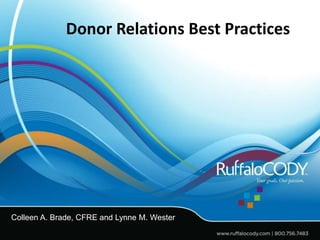 Donor Relations Best Practices
Colleen A. Brade, CFRE and Lynne M. Wester
 