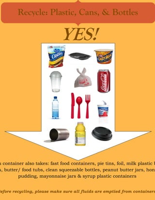 Recycle: Plastic, Cans, & Bottles
YES!
s container also takes: fast food containers, pie tins, foil, milk plastic b
s, butter/ food tubs, clean squeezable bottles, peanut butter jars, hone
pudding, mayonnaise jars & syrup plastic containers
Before recycling, please make sure all fluids are emptied from containers
 
