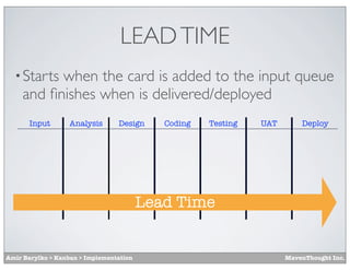 LEAD TIME
  • Starts when the card is added to the input queue
     and ﬁnishes when is delivered/deployed
       Input   ...