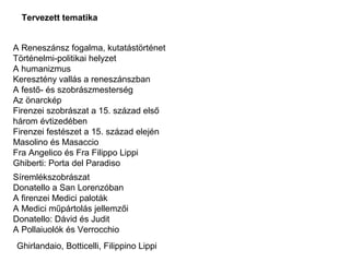 Tervezett tematika


A Reneszánsz fogalma, kutatástörténet
Történelmi-politikai helyzet
A humanizmus
Keresztény vallás a reneszánszban
A festő- és szobrászmesterség
Az önarckép
Firenzei szobrászat a 15. század első
három évtizedében
Firenzei festészet a 15. század elején
Masolino és Masaccio
Fra Angelico és Fra Filippo Lippi
Ghiberti: Porta del Paradiso
Síremlékszobrászat
Donatello a San Lorenzóban
A firenzei Medici paloták
A Medici műpártolás jellemzői
Donatello: Dávid és Judit
A Pollaiuolók és Verrocchio
Ghirlandaio, Botticelli, Filippino Lippi
 