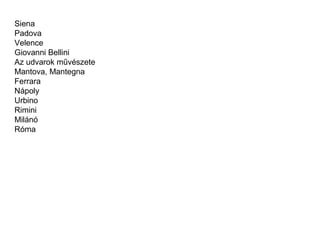 Siena
Padova
Velence
Giovanni Bellini
Az udvarok művészete
Mantova, Mantegna
Ferrara
Nápoly
Urbino
Rimini
Milánó
Róma
 