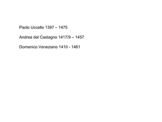 Paolo Uccello 1397 – 1475

Andrea del Castagno 1417/9 – 1457

Domenico Veneziano 1410 - 1461
 