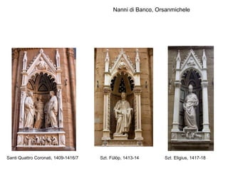 Nanni di Banco, Orsanmichele




Santi Quattro Coronati, 1409-1416/7   Szt. Fülöp, 1413-14     Szt. Eligius, 1417-18
 