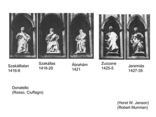 Szakállas   Ábrahám   Zuccone
Szakálltalan                                          Jeremiás
                 1418-20     1421      1425-5
1416-8                                                1427-35



  Donatello
  (Rosso, Ciuffagni)

                                                 (Horst W. Janson)
                                                 (Robert Munman)
 