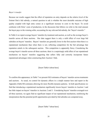 20
Buyer’s transfer
Because our results suggest that the effect of reputation on entry depends on the relative level of the
Entrant firm’s bid subsidy, a natural question to ask is whether the most desirable outcome of high
quality coupled with high entry comes at a significant increase in costs to the buyer. To avoid
confusion with firms’ costs of production, in the discussion that follows we refer to the total amount
the buyer pays to the winning seller, accounting for any relevant bid subsidy, the “buyer’s transfer.”
In Table 6 we report average buyers’ transfers by treatment and auction, as well as the average buyer’s
transfer across all three auctions. Our data suggest there is only a mild effect of even large bid
subsidies on buyers’ transfers. Buyers’ transfers are generally lower in the first auction when there is a
reputational mechanism than when there is not, reflecting competition for the bid advantage that
reputation entails in the subsequent auction. This competition is apparently fierce. Considering the
average buyer’s transfer across all three auctions, there is a surprisingly mild effect of our reputational
mechanism on buyers’ transfers suggesting that sellers fully and correctly incorporate future
reputational advantages when constructing their Auction 1 bids.
[Insert Table 6 about here]
To confirm this appearance, in Table 7 we present OLS estimates of buyers’ transfers across treatments
and auctions. As usual, we control for dynamic effects in a simple manner here and report in the
Appendix (Table B3) estimates allowing for more flexible dynamic patterns. In both specifications we
find that introducing a reputational mechanism significantly lowers buyers’ transfers in Auction 1 and
has little impact on buyers’ transfers in Auctions 2 and 3. Considering buyers’ transfers averaged over
all three auctions, we again find no significant impact of our reputational mechanism, reinforcing the
interpretation that the potential profit opportunities provided by bid subsidies are competed away.
[Insert Table 7 about here]
 