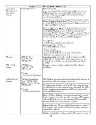 COUNSELING/MENTAL HEALTH SERVICES
Organization         Contact Information    Services/Eligibility
Adams Hanover                               goals, and educational opportunities to enable consumers to live
Counseling                                  and contribute to their community of choice. Consumers may
Services                                    choose an individual service plan of treatment that fits their
                                            specific interests and needs.

                                                 Student Assistance Program (SAP): Program to serve students who
                                                 are having difficulty in school due to alcohol/drug use, depression
                                                 or other mental health problems.

                                                 Wraparound Services: Mental health treatment to emotionally
                                                 challenged children/adolescents in the home, school, and
                                                 community. The term “wraparound” employs a community-based
                                                 treatment by actively utilizing the resources that “wraparound”
                                                 the child (i.e., family, teacher, extended family, peers) :

                                                 •Crisis Services
                                                 •Skill Development (behavior management,
                                                 parenting, problem-solving)
                                                 •Individual and Family Therapy
                                                 •Support Services
                                                 •Summer Camp Program
                                                 •Coordination/Collaboration with other service systems
                                                 •Referrals to other community services
Advance              750 Kelly Drive             Group Counseling: Sessions for men & women committed to
                     York, PA 17404              ending violence in relationships and learning to relate in a non-
                     717-852-9706                abusive & non-controlling way. Application of reduced fees is
                                                 available.
ARC of York          497 Hill Street             Dedicated to improving the lives of people with intellectual
County               York, PA 17403              disabilities.
                     717-846-6589

                     Website:
                     www.thearcofyorkcounty.or
                     g
Bell Socialization   160 South George Street     Skill Building: Vocational training, basic living skills and creative
Services             York, PA 17401-1408         expression to achieve the elements of success.
                     Phone: 717 848.5767 Fax:
                     717 854.2433                New Beginnings: Assist the mental health clients and opportunity
                                                 to build academic, social, recreation/leisure and daily living skills.
                     Website:                    Groups include money management, health and hygiene, crafts,
                     www.bellsocialization.com   exercise and physical activity.

                                                 Liberty Bell Drop-In Center: Provides an atmosphere for mental
                                                 health consumers to socialize and enjoy recreation and leisure time
                                                 with friends. No daytime activities are planned; however, table
                                                 games, pool, ping-pong and movies are available.

                                                 Recreation Program: Allows mental health consumers to get out of
                                                 their house for some recreation. Offers activities three nights per
                                                 week and on weekends.

                                                 Sendero: Specifically for Latino mental health consumers whose
                                                           17
 