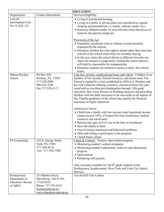 EDUCATION
Organization        Contact Information          Services/Eligibility
Lincoln                                             Living in transitional housing
Intermediate Unit                                   Living in a public or private place not considered as regular
No.12 (LIU 12)                                      sleeping accommodations i.e. hotels, vehicles, parks, etc.)
                                                    Runaway children (under 18 yoa) who have been forced out of
                                                    home by the parents/caregivers.

                                                 Provisions of the Act:
                                                     Immediate enrollment with or without records normally
                                                     requested by the schools.
                                                     Homeless children have the right to attend either their previous
                                                     schools or the school where they are currently staying.
                                                     In the case where the school district is different from the one
                                                     where the student is temporarily residing the school districts
                                                     will both be responsible for transportation.
                                                     Homeless students are entitled to receive a daily, free school
                                                     lunch.
Milton Hershey      PO Box 830                   Cost-free, private, coeducational home and school: Children from
School              Hershey, PA 17033            families of low income, limited resources, and social need. The
                    717-520-2000                 School is funded by a trust established by Milton S. Hershey and
                    800-322-3248                 his wife Catherine offering a positive, structured home life year-
                    Fax 717-520-2117             round and an excellent pre-kindergarten through 12th grade
                                                 education. Our vision focuses on building character and providing
                                                 children with the skills necessary to be successful in all aspects of
                                                 life. Eligible graduates of the school may qualify for financial
                                                 assistance to higher education.

                                                 Admission Criteria:
                                                   Child from a family with low income (total household income
                                                   cannot exceed 150% of Federal Poverty Guidelines), limited
                                                   resources and social need
                                                   Between the ages of 4-15 yoa at the time of enrollment
                                                   Have the ability to learn
                                                   Free of serious emotional and behavioral problems
                                                   Able and willing to participate in the program
                                                   United States citizen
PA Counseling       128 N. George Street         Check & Connect: Truancy intervention program.
                    York, PA 17401                 Monitoring student’s school attendance
                    717- 848-6116                  Monitoring student’s adjustment, behavior and educational
                     Fax: 717- 852-7580            progress
                                                   Interventions
                                                   Partnering with parents.

                                                 Only currently available for 7th-9th grade students in the
                                                 Northeastern, Southwestern, West York and York City School
                                                 Districts.
Pennsylvania        333 Market Street |          List of GED Test Centers
Department of       Harrisburg, 12th Fl, PA
Education: Bureau   17126-0333
of ABLE             Phone: 717-787-6747
                    mcain@state.pa.us |
                    www.education.state.pa.us
                                                           34
 