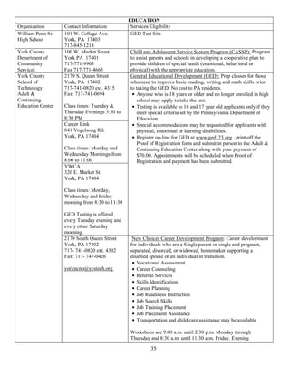 EDUCATION
Organization       Contact Information           Services/Eligibility
William Penn Sr.   101 W. College Ave.           GED Test Site
High School        York, PA 17403
                   717-845-1218
York County        100 W. Market Street          Child and Adolescent Service System Program (CASSP): Program
Department of      York PA 17401                 to assist parents and schools in developing a cooperative plan to
Community          717-771-9903                  provide children of special needs (emotional, behavioral or
Services           Fax 717-771-4663              physical) with the appropriate education.
York County        2179 S. Queen Street          General Educational Development (GED): Prep classes for those
School of          York, PA 17402                who need to improve basic reading, writing and math skills prior
Technology:        717-741-0820 ext. 4315        to taking the GED. No cost to PA residents.
Adult &            Fax: 717-741-0694                Anyone who is 18 years or older and no longer enrolled in high
Continuing                                          school may apply to take the test.
Education Center   Class times: Tuesday &           Testing is available to 16 and 17 year old applicants only if they
                   Thursday Evenings 5:30 to        meet special criteria set by the Pennsylvania Department of
                   8:30 PM                          Education.
                   Career Link                      Special accommodations may be requested for applicants with
                   841 Vogelsong Rd.                physical, emotional or learning disabilities.
                   York, PA 17404                   Register on-line for GED at www.ged123.org , print off the
                                                    Proof of Registration form and submit in person to the Adult &
                   Class times: Monday and          Continuing Education Center along with your payment of
                   Wednesday Mornings from          $70.00. Appointments will be scheduled when Proof of
                   8:00 to 11:00                    Registration and payment has been submitted.
                   YWCA
                   320 E. Market St.
                   York, PA 17404

                   Class times: Monday,
                   Wednesday and Friday
                   morning from 8:30 to 11:30

                   GED Testing is offered
                   every Tuesday evening and
                   every other Saturday
                   morning.
                   2179 South Queen Street        New Choices Career Development Program: Career development
                   York, PA 17402                for individuals who are a Single parent or single and pregnant,
                   717- 741-0820 ext. 4302       separated, divorced, or widowed, homemaker supporting a
                   Fax: 717- 747-0426            disabled spouse or an individual in transition.
                                                    Vocational Assessment
                   yorkncno@ycstech.org             Career Counseling
                                                    Referral Services
                                                    Skills Identification
                                                    Career Planning
                                                    Job Readiness Instruction
                                                    Job Search Skills
                                                    Job Training Placement
                                                    Job Placement Assistance
                                                    Transportation and child care assistance may be available

                                                 Workshops are 9:00 a.m. until 2:30 p.m. Monday through
                                                 Thursday and 8:30 a.m. until 11:30 a.m. Friday. Evening

                                                           35
 
