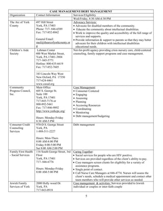 CASE MANAGEMENT/DEBT MANAGEMENT
Organization          Contact Information        Services/Eligibility
                                                 Wed-Friday, 8:30 AM-4:30 PM
The Arc of York       497 Hill Street            Advocacy Services:
County                York, PA 17403               Advocate for disabled members of the community.
                      Phone: 717- 846-6589          Educate the community about intellectual disabilities.
                      Fax: 717-852-8842            Work to improve the quality and accessibility of the full range of
                                                   services and supports.
                      General Email:               Provide information & support to parents so that they may better
                      mail@thearcofyorkcounty.or   advocate for their children with intellectual disabilities
                      g                            educational needs.
Children’s Aide        Lehman Center             Not-for-profit agency providing crisis nursery care, child-centered
Society               400 West Market Street,    counseling, family support programs and case management.
                      York, PA 17401-3804
                      717- 845-5771
                      Hotline: 800-635-6619
                      Fax: 717-852-7605

                      343 Lincoln Way West
                      New Oxford, PA 17350
                      717-624-4461
                      www.cassd.org
Community             Main Office                   Case Management:
Progress Council,     605 S. George St.              Consumer Centered
Inc.                  Suite 100                      Engaging
                      York, PA 17401                 Assessing
                      717-845-7176 or                Planning
                      800-892-5441                   Accessing Resources
                      Fax: 717-846-9892              Coordinating
                      http://www.yorkcpc.org/        Monitoring
                                                     Debt management/budgeting
                      Hours: Monday-Friday
                      8:30 AM-5 PM
Consumer Credit       970-D S. George Street        Debt management
Counseling            York, PA
Services              1-888-511-2227

                      Hours: Mon-Thurs
                      8:00 AM-8:00 PM
                      Friday 8:00-5:00 PM
                      Sat 8:00 AM-2:00 PM
Family First Health   116 South George Street, 3rd Caring Together:
- Social Services     Floor                          Social services for people who are HIV positive.
                      York, PA 17401                 Services are provided regardless of the client’s ability to pay.
                      717- 846-6776                  Case managers screen clients for eligibility for a variety of
                                                     assistance programs.
                      Hours: Monday-Friday           Single point of contact.
                      8:00 AM-5:00 PM                Call Nurse Care Managers at 846-4774. Nurses will assess the
                                                     client’s needs, schedule a medical appointment and contact other
                                                     team members who will provide other services as needed.
Jewish Family         2000 Holly wood Dr.          Case management & activities: Services provided to Jewish
Services of York      York, PA                     individual or couples or inter-faith couple
                      717-843-0918

                                                              5
 