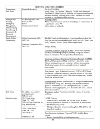HOUSING/ SHELTERS/UTILITIES
Organization      Contact Information       Services/Eligibility
Path Stone                                  Home Buyer Pre-Purchase Education: Provide individuals and
                                            families with education about the home buying process and wealth
                                            and asset building, enabling them to move toward a successful
                                            purchase of safe and affordable housing.
Pennsylvania      PAHousingSearch.com       Housing Search:
Housing,          877-428-8844                Free resource to assist renters or home buyer to locate homes &
Emergency         Email:                      apartments across PA.
Management,       info@socialserve.com        Free listing to landlords.
Office of Long-
Term Living &
Community &
Economic
Development
Public Utility    Utility Termination: 800-     The PUC requires utilities to have programs and protections that
Commission        692-7380                      help low-income customers keep their utility service. Contact your
                                                utility company directly for the following programs:
                  Consumer Complaints: 800-
                  782-1110                      Budget Billing:

                                                Customer Assistance Programs (CAP): Low-income, payment
                                                troubled customer to pay regular, monthly utility bills that are
                                                based on household size and gross household income.

                                                Customer Assistance Referral and Evaluation Program (CARES):
                                                The CARES program will help customers with special needs.
                                                Special needs customers are consumers who are experiencing
                                                family emergencies, divorce, unemployment, or medical
                                                emergencies.

                                                Low-Income Usage Reduction Program (LIURP): LIURP helps
                                                low-income residential customers lower the amount of electricity
                                                or natural gas used each month. The utility company may provide
                                                free home weatherization.

                                                Hardship Fund: provide cash assistance to utility customers to help
                                                them pay their utility bills. Hardship funds provide assistance
                                                grants to customers who “fall” through the cracks” of other
                                                financial assistance programs, or to those who still have a critical
                                                need for assistance.
Safe Home         No address provided for       Emergency Shelter: Temporary shelter for victims of domestic
                  security reasons.             violence.
                  717-633-6353
Salvation Army    50 E. King Street             HPRP Program:
                  York, PA 17401                 Assistance with arrears for gas, electric, water & sewer
                  717-848-2364 (main line for    Priority people who are threat of termination or homelessness
                  help with utilities)           Must financially qualify
                                                 Must provide utility account number, photo ID & SS# for all
                  257 E. South Street            household members
                  York, PA 17403
                  717-846-0167                  Penn Customer Assistance Program (PCAP): Met Ed /Penn
                                                electric
                  1080 Haines Rd                   Reduce monthly bill & gradually pay arrears
                                                         58
 