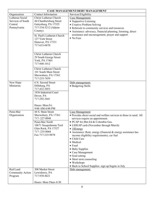 CASE MANAGEMENT/DEBT MANAGEMENT
Organization        Contact Information        Services/Eligibility
Lutheran Social     Christ Lutheran Church     Case Management:
Services of South   44 Chambersburg Street       Supportive Listening
Central             Gettysburg, PA 17325         Creative Problem Solving
Pennsylvania        717-334-5212 (Adams          Referrals to community services and resources
                    County)                      Assistance: advocacy, financial planning, listening, direct
                    St. Paul's Lutheran Church   assistance and encouragement, prayer and support.
                    127 York Street              No Fees
                    Hanover, PA 17331
                    717-633-6870


                    Christ Lutheran Church
                    29 South George Street
                    York, PA 17401
                    717-848-1012
                    Christ Lutheran Church
                    101 South Main Street
                    Shrewsbury, PA 17361
                    717-235-7459
New Hope            6 N. Second Street            Debt management:
Ministries          Dillsburg, PA                  Budgeting Skills
                    717-432-3053
                    1836 Industrial Court
                    Dover, PA
                    717-292-3441

                    Hours: Mon-Fri
                    9:00 AM-4:00 PM
Penn-Mar            44 S. Main Street             Case Management:
Organization        Shrewsbury, PA 17361           Provides direct social and welfare services to those in need. All
                    717- 227-0048                  services require an appointment.
                    Penn-Mar North                 PCAP for Met-Ed & Columbia Gas.
                    10671 Susquehanna Trail        LIHEAP cash (November through March)
                    Glen Rock, PA 17327            1$Energy
                    717- 235-8068                  Assistance: Rent, energy (financial & energy assistance has
                    Fax 717-235-9878               income eligibility requirements), car fuel
                                                   Child Care
                                                   Medical
                                                   Food
                                                   Baby Supplies
                                                   Case Management
                                                   Goal setting
                                                   Short term counseling
                                                   Workshops
                                                   Back to School Supplies: sign up begins in July
Red Land            308 Market Street             Debt management:
Community Action    Lewisberry, PA
Program             717-938-4621

                    Hours: Mon-Thurs 8:30
                                                            6
 