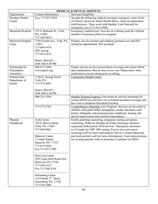 MEDICAL & DENTAL SERVICES
Organization        Contact Information        Services/Eleigibility
Hoodner Dental      Fax: 717-812-7869          Accepts the following medical assistance insurance: some forms
Center                                         of Unison, Access & Ameri Health Mercy. Does not participate
                                               with Gateway. Does work with Healthy York Network for
                                               emergency care (717-812-2990).
Memorial Hospital   325 S. Belmont St., York,  Emergency medical care. Fees are on a sliding scale & a limited
                    PA 17403                   number of insurance plans are accepted.
                    717–843-8623
Memorial Hospital   1785 Fourth Ave., York, PA Primary care for women and children, prenatal care and HIV
Clinic              17403                      testing by appointment. MA accepted.
                    717-849-5474
                    HIV testing:
                    717-815-2618

                    Hours: Mon-Fri
                    8:00 AM-4:30 PM
Partnership for     888-477-2669                 People who do not have prescription coverage and cannot afford
Prescription        www.pparx.org                their medications. May be free or low cost. Please know what
Assistance                                       medications you are taking prior to calling.
Pennsylvania        1750 N. George Street        Community Health Center:
Department of       York, PA
Health              717-771-4505

                    Hours: Mon-Fri
                    8:00 AM-4:30 PM
                    800-215-7494                 Healthy Women Program: Free breast & cervical screening for
                                                 women 40-60 yoa who have no or limited insurance coverage and
                                                 have low to moderate household incomes.
                    717-772-2762                 Comprehensive Specialty Care Program: Services are provided to
                                                 children with spina bifida, hemophilia, cardiac disorders, cleft
                                                 palate, orthopedic and neuromuscular conditions, hearing and
                                                 speech impairments and ventilator dependency.
Planned             York Center                  Family planning counseling, pregnancy testing and option
Parenthood          728 S. Beaver Street         counseling. Walk-ins Monday & Friday mornings, donation
                    York, PA 17403               requested, birth control, STD services. Therapeutic abortions
                    717-845-9681                 to 12 weeks by LMP. HIV testing. Free or low cost cancer
                                                 screening (call for more information). Driver’s license physicals
                    Hanover Center               and work permits (call for more information). Teen immunizations
                    1 Center Square              for existing patients with no insurance. Condoms are FREE.
                    Hanover, PA 17331
                    717-637-6544
                    Fax 717-637-7489

                    Red Lion Center
                    2997 Cape Horn Road #A4
                    Red Lion, PA 17356
                    717-244-1412
                    Fax 717-246-3318

                    Harrisburg Center
                    1514 North 2nd Street
                    Harrisburg, PA 17102
                    717-234-2468
                                                          66
 