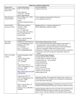 MISCELLANEOUS SERVICES
Organization         Contact Information          Services/Eligibility
Girl Scouts in the   FAX: 717.755.1550            a troop in your area.
Heart of PA
                     Hours: Mon-Fri
                     11:00 AM - 1:00 PM
                     plus by appointment.
Heavenly Paws        Seven Valleys, PA 17360         Free trapping & transporting of feral cats.
Animal Shelter       717-495-1727                    Free spaying of feral cats.
                     Email:
                     ann@heavenlypawsshelter.c
                     om
Jewish Family        2000 Hollywood Drive           Stitches of Love: A volunteer opportunity to
Services of York     York PA 17403                  Knit to help needy children & adults.
                     717-843-5011
                     Fax: 717-846-3025
                     For those that can not drive
                     call 717-843-5011 for
                     transportation.

                     Hours: Call for details &
                     meeting details.
New Hope             Children & Youth Ministries Intervention and prevention services:
Ministries           211 South Baltimore Street    For socially and financially disadvantaged young people i.e.
                     Dillsburg, PA 17019           characterized by a lack of stability in their homes, few
                     717-432-2087                  aspirations for a successful life and poor school performance
                     Fax: 717-502-1642             because of academic, behavioral or truancy issues.
                     Email: c&y@nhm-pa.net         Residents of Dillsburg, Dover and Mechanicsburg communities.
                                                   Structured, constructive programs with positive adult role
                                                   models.
S.P.C.A. of York     Animal Emergency Clinic     Low Cost Spay/Neuter Program:
County               (AEC)                         Female Dog (0-50 lbs.) $100.25
                      1640 S. Queen Street         Female Dog (51-100 lbs.) $155.00
                     York, PA 17403                Female Dog (101 + lbs.) $180.00
                     717- 718-0821                 Male Dog $95.00
                     or                            Female Cat $77.25
                     York County S.P.C.A.          Male Cat $55.00
                     3159 N. Susquehanna Trail     Felv Test $25.00
                     York, PA 17406
                                                   Rabies Vaccine $15.00
                     717-764-6109
                                                   Heartworm Test $25.00
                     http://ycspca.org/LowCostSp
                     ayNeuter.htm                  Microchip $25.00

                     York County S.P.C.A.
                     3159 N. Susquehanna Trail      Chow for our Pals: This program has helped senior citizens on a
                     York, PA 17406                 fixed income as well as people who are temporarily unemployed
                     717-764-6109                   to provide feed for their pets.

                     Hours: Tues & Thurs, 10        Pet Housing Referral Program: The program assist pet owners in
                     AM to 7:00 PM                  finding rental housing that allow pets to remain with their owners.
                     Fridays & Sat, 10:00 AM to
                     4:00 PM                        Safe Pet Program: Partnered with ACCESS York and Safe Home
                                                    of Hanover to provide temporary shelter for pets of domestic
                                                    abuse victims. The pet is placed in a loving foster home and the
                                                             71
 