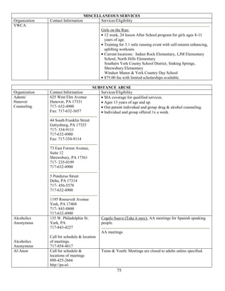 MISCELLANEOUS SERVICES
Organization   Contact Information          Services/Eligibility
YWCA
                                               Girls on the Run:
                                                12 week, 24 lesson After School program for girls ages 8-11
                                                years of age.
                                                Training for 3.1 mile running event with self-esteem enhancing,
                                                uplifting workouts.
                                                Current locations: Indian Rock Elementary, LJM Elementary
                                                School, North Hills Elementary
                                                Southern York County School District, Sinking Springs,
                                                Shrewsbury Elementary
                                                Windsor Manor & York Country Day School
                                                $75.00 fee with limited scholarships available.

                                          SUBSTANCE ABUSE
Organization   Contact Information           Services/Eligibility
Adams/         625 West Elm Avenue             MA coverage for qualified services.
Hanover        Hanover, PA 17331               Ages 13 years of age and up.
Counseling     717- 632-4900                   Out patient individual and group drug & alcohol counseling.
               Fax: 717-632-3657               Individual and group offered 1x a week.
               44 South Franklin Street
               Gettysburg, PA 17325
               717- 334-9111
               717-632-4900
               Fax: 717-334-9114

               73 East Forrest Avenue,
               Suite 12
               Shrewsbury, PA 17361
               717- 235-0199
               717-632-4900

               5 Pendyrus Street
               Delta, PA 17314
               717- 456-5578
               717-632-4900

               1195 Roosevelt Avenue
               York, PA 17404
               717- 843-0800
               717-632-4900
Alcoholics     135 W. Philadelphia St.         Cogelo Suave (Take it easy): AA meetings for Spanish speaking
Anonymous      York, PA                        people.
               717-843-4227
                                               AA meetings
               Call for schedule & location
Alcoholics     of meetings.
Anonymous      717-854-4617
Al-Anon        Call for schedule &             Teens & Youth: Meetings are closed to adults unless specified.
               locations of meetings
               888-425-2666
               http://pa-al-
                                                        75
 