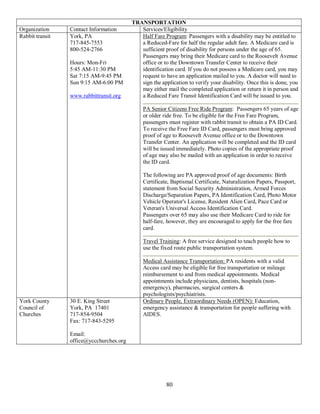 TRANSPORTATION
Organization     Contact Information         Services/Eligibility
Rabbit transit   York, PA                    Half Fare Program: Passengers with a disability may be entitled to
                 717-845-7553                a Reduced-Fare for half the regular adult fare. A Medicare card is
                 800-524-2766                sufficient proof of disability for persons under the age of 65.
                                             Passengers may bring their Medicare card to the Roosevelt Avenue
                 Hours: Mon-Fri              office or to the Downtown Transfer Center to receive their
                 5:45 AM-11:30 PM            identification card. If you do not possess a Medicare card, you may
                 Sat 7:15 AM-9:45 PM         request to have an application mailed to you. A doctor will need to
                 Sun 9:15 AM-6:00 PM         sign the application to verify your disability. Once this is done, you
                                             may either mail the completed application or return it in person and
                 www.rabbittransit.org       a Reduced Fare Transit Identification Card will be issued to you.

                                              PA Senior Citizens Free Ride Program: Passengers 65 years of age
                                              or older ride free. To be eligible for the Free Fare Program,
                                              passengers must register with rabbit transit to obtain a PA ID Card.
                                              To receive the Free Fare ID Card, passengers must bring approved
                                              proof of age to Roosevelt Avenue office or to the Downtown
                                              Transfer Center. An application will be completed and the ID card
                                              will be issued immediately. Photo copies of the appropriate proof
                                              of age may also be mailed with an application in order to receive
                                              the ID card.

                                              The following are PA approved proof of age documents: Birth
                                              Certificate, Baptismal Certificate, Naturalization Papers, Passport,
                                              statement from Social Security Administration, Armed Forces
                                              Discharge/Separation Papers, PA Identification Card, Photo Motor
                                              Vehicle Operator's License, Resident Alien Card, Pace Card or
                                              Veteran's Universal Access Identification Card.
                                              Passengers over 65 may also use their Medicare Card to ride for
                                              half-fare, however, they are encouraged to apply for the free fare
                                              card.

                                              Travel Training: A free service designed to teach people how to
                                              use the fixed route public transportation system.

                                              Medical Assistance Transportation: PA residents with a valid
                                              Access card may be eligible for free transportation or mileage
                                              reimbursement to and from medical appointments. Medical
                                              appointments include physicians, dentists, hospitals (non-
                                              emergency), pharmacies, surgical centers &
                                              psychologists/psychiatrists.
York County      30 E. King Street            Ordinary People, Extraordinary Needs (OPEN): Education,
Council of       York, PA 17401               emergency assistance & transportation for people suffering with
Churches         717-854-9504                 AIDES.
                 Fax: 717-843-5295

                 Email:
                 office@yccchurches.org




                                                         80
 
