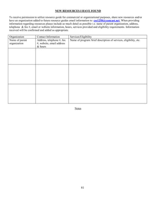 NEW RESOURCES I HAVE FOUND

To receive permission to utilize resource guide for commercial or organizational purposes, share new resources and/or
have an organization added to future resource guides email information to: cse1258@comcast.net When providing
information regarding resources please include as much detail as possible i.e. name of parent organization, address,
telephone & fax #, email or website information, hours, services provided and eligibility requirements. Information
received will be confirmed and added as appropriate.

Organization            Contact Information          Services/Eligibility
Name of parent          Address, telephone #, fax    Name of program: brief description of services, eligibility, etc.
organization            #, website, email address
                        & hours




                                                         Notes




                                                               81
 