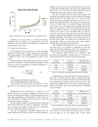a higher cost per unit, plus, more total units exposed. One way
                                                                    to judge the two ORT plans is to assume the unknown true
                                                                    failure rate is 1%, 2.5% and 5%, then estimate the cost of
                                                                    unreliability based on the ability to detect the failure.
                                                                         For the 1% failure rate, the test would confirm the
                                                                    acceptable low failure rate and no action is taken to isolate and
                                                                    inspect products. If the failure rate is 5%, both test plans
                                                                    would find the unacceptably high defect rate, and we can
                                                                    assume it would be just as the test ends, thus 12 and 24 days.
                                                                    For the 2.5% defect rate, let’s assume the longer test takes the
                                                                    full 24 days to spot the higher than acceptable failure rate.
                                                                    And, let’s assume the 12 day test would take at least two
                                                                    cycles to make the detection. To fully analyze the tradeoff,
                                                                    construct OC curves or run simulations may be useful. Of
                                                                    course the units under test may fail at any point during the test
  Figure 4 Sample size versus reliability by confidence level       period, according to the probability governed by the associated
                                                                    Weibull distribution. If the failure occurs earlier than just at
     Therefore, in order to detect a 1% defect rate that is         the end of the testing, we would receive an indication of an
introduced into the product, we would need to run 229               unacceptable failure rate and enjoy fewer units exposed.
samples for two weeks under the determined test conditions to       Another factor to consider is statistical error.
approximate one year of use.                                             The acceptable field failure rate is 1%, thus any failures
                                                                    over that rate we can consider as additional cost that has
5.2 Compromise Calculations
                                                                    gotten past the ORT. Therefore, for the cost calculations, we
     For the purpose of the example, let’s assume the testing       subtract the cost of the associated returns from the first 1%.
capacity is 50 units at any one time. Therefore, given 50 units,         The following tables illustrate the comparison and
and solving equation 1 for reliability, we find we could detect     associated costs assuming two failure rates, of 1.2% and 4.5%
a reliably of 95.5% over an approximate test time of two            that are detected by the tests just as the test period ends.
weeks.
     Another option is to the samples longer to achieve a better         Actual               Cost of          Marginal Cost
resolution on reliability. Using a Weibayes formulation of the         Failure Rate      Unreliability ($)   of Unreliability ($)
success run [2] to accommodate the Weibull distribution β =                1%                253,700
3, the formula is equation 2.                                             1.2%               304,440               50,740
                                                                          4.5%              1,141,650             887,950
                             ln(1−C)                                                           Total              938,690
                       n=                           (2)                Table 2 ORT plan with 24 day duration and 25 samples
                             m β ln(R)
                                                                         Furthermore, let’s assume it takes 4 2-week test periods to
     Where,                                                         detect the 1.2% defect using the shorter test plan. Thus, there
     m is the number of lifetimes raised by β                       are 6 weeks of 1.2% defect rate product in the field producing
     β is the Weibull distribution shape parameter                  0.2% higher than acceptable returns at $100 per return. This
     and, the other terms are the same as in equation 1. Note:      results in an additional cost for 6 weeks x 125,000 units per
that when m=1 the equation reduces to that found in equation        week x 0.002 failure rate x $100 per return for an additional
1.                                                                  cost of $150,000.

     Running the test twice as long sets m = 2, with a β = 3, we         Actual               Cost of          Marginal Cost
find the 24 day test can detect a reliability of 99.4%. This is        Failure Rate      Unreliability ($)   of Unreliability ($)
just over the desired goal of 99%, yet the testing takes twice as          1%                 63,900
long, thus increasing the exposed number of units. Every 12               1.2%                76,680               12,780
days add another 25 samples, such that every two weeks the            6-weeks of 0.2% additional failures         150,000
month long results are available.                                         4.5%               287,550              223,650
     For this simple example, the tradeoff becomes detecting                                   Total              386,430
about a 4.5% defect rate in 12 days, or detecting a 1.2% defect        Table 3 ORT plan with 12 day duration and 50 samples
rate in 24 days. The number of units exposed is 18,000 per
day, or 216,000 and 432,000, respectively.                               The shorter test plan, while designed to catch 4.5% failure
     The cost of unreliability is slightly different since the      rates, reduces the total number of samples exposed to return
longer duration test of 24 days will have some units exposed at     over the target of 1%. The longer plan, in this simple



© IEEE 2012 Proceedings – Annual Reliability and Maintainability Symposium
 