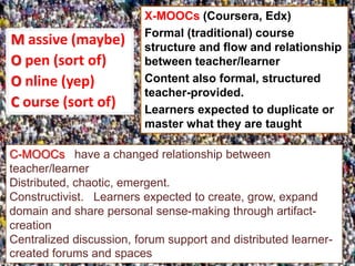 X-MOOCs (Coursera, Edx)
                         Formal (traditional) course
M assive (maybe)         structure and flow and relationship
O pen (sort of)          between teacher/learner
O nline (yep)            Content also formal, structured
                         teacher-provided.
C ourse (sort of)        Learners expected to duplicate or
                         master what they are taught

C-MOOCs have a changed relationship between
teacher/learner
Distributed, chaotic, emergent.
Constructivist. Learners expected to create, grow, expand
domain and share personal sense-making through artifact-
creation
Centralized discussion, forum support and distributed learner-
created forums and spaces
 