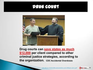 Drug courts can save states as much
$12,000 per client compared to other
criminal justice strategies, according to
the organization. CDC Accidental Overdoses

                www.cdc.gov/HomeandRecreationalSafety/pubs/RXReport_web-a.pdf   46
 