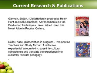 Current Research & Publications

Garman, Susan. (Dissertation in progress). Helen
Hunt Jackson’s Ramona: Advancements in Film
Production Techniques Have Helped Keep this
Novel Alive in Popular Culture.




Roller, Katie. (Dissertation in progress). Pre-Service
Teachers and Study Abroad: A reflective,
experiential sojourn to increase intercultural
competence and translate the experience into
culturally relevant pedagogy.
.
 