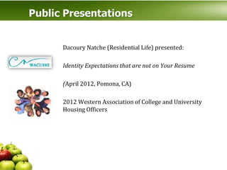 Public Presentations


      Dacoury Natche (Residential Life) presented:

      Identity Expectations that are not on Your Resume

      (April 2012, Pomona, CA)

      2012 Western Association of College and University
      Housing Officers
 