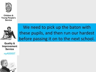 We need to pick up the baton with
              these pupils, and then run our hardest
              before passing it on to the next school.
  Quality &
Improvement
   Service
 nyASSIST
 