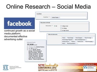 Online Research – Social Media


continued growth as a social
media platform;
documented effective
advertising outlet
 