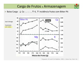 Carga de Frutos x Armazenagem
 Baixa Carga:  ↓ Ca (mg.100g‐1) , ↑ K, ↑ incidência frutos com Bitter Pit


                  Bitter Pit                      ↑Carga           Ca
Cox’s Orange  

4 pomares 
sem raleio

                                                ↓ Carga



                                  Mg                             K 




                                Massa dos Frutos (g)
                                           Ferguson, I.B. and C.B. Watkins. 1992. J. Amer. Soc. Hort. Sci. 
 