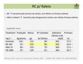 RC p/ Raleio
 BA: ↑ tamanho pelo número de células, sem efeitos na firmeza‐colheita

 ANA e Carbaril: ↑  tamanho pelo alongamento celular, sem efeitos firmeza‐colheita




  ‘Empire’/M7, 13 mm

 Treatment Produção Massa                  No Camadas          Diâmetro Firmness
                                                               Células (135 
 mg L‐1         kg/planta        (g)        de Células                dapf)   Lb
 Controle         154a            113c             80b             281b      17.3a
 BA 100            92b            159a             96a             265b      16.9ab
 ANA 15            83b            133b             79b             304a      17.2ab
 CB 1000           97b            139b             81b             306a      16.7b


Wismer Paul T. and J.T.A. Proctor D.C. Elfving, 1995     J. AMER. SOC. HORT. SCI. 120(5):802‐807.
 