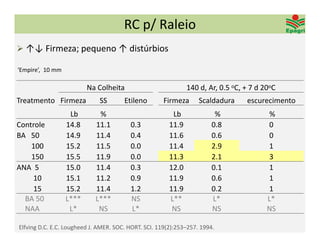 RC p/ Raleio
 ↑↓ Firmeza; pequeno ↑ distúrbios 

‘Empire’,  10 mm 

                           Na Colheita                         140 d, Ar, 0.5 oC, + 7 d 20oC
Treatmento Firmeza            SS       Etileno        Firmeza      Scaldadura     escurecimento
                     Lb       %                          Lb              %                %
Controle            14.8     11.1        0.3            11.9            0.8              0
BA   50             14.9     11.4        0.4            11.6            0.6              0
     100            15.2     11.5        0.0            11.4            2.9              1
     150            15.5     11.9        0.0            11.3            2.1              3
ANA  5              15.0     11.4        0.3            12.0            0.1              1
      10            15.1     11.2        0.9            11.9            0.6              1
      15            15.2     11.4        1.2            11.9            0.2              1
  BA 50             L***     L***        NS             L**             L*               L*
  NAA                L*       NS         L*              NS             NS               NS

Elfving D.C. E.C. Lougheed J. AMER. SOC. HORT. SCI. 119(2):253–257. 1994.
 