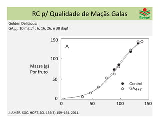 RC p/ Qualidade de Maçãs Galas
Golden Delicious:
GA4+7, 10 mg.L‐1 : 6, 16, 26, e 38 dapf

                           150     


                           100     
              Massa (g)
              Por fruto
                            50     


                              0     
                                 0                         50                    100                   150 
J. AMER. SOC. HORT. SCI. 136(3):159–164. 2011.
 